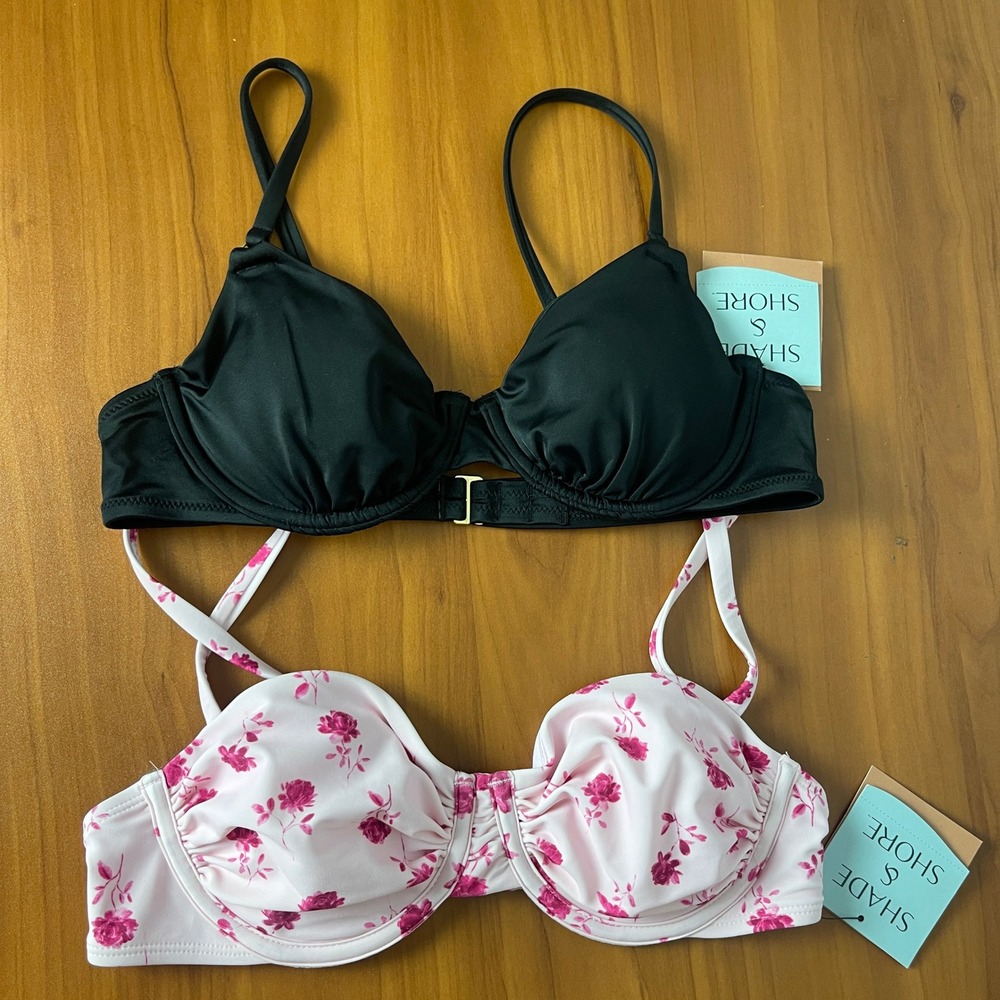 Lot of 2 Shade & Shore Women 34B Bikini Top Black Pink Floral Underwire Swimsuit